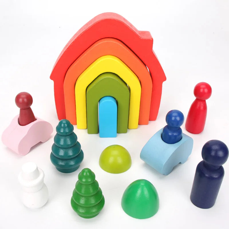 Bloques de arcoíris de madera, juguetes apilables de madera, bloques de construcción de arcoíris de los hermanos Grimm, bolas, juguete educativo Montessori, apilador de arcoíris para niños
