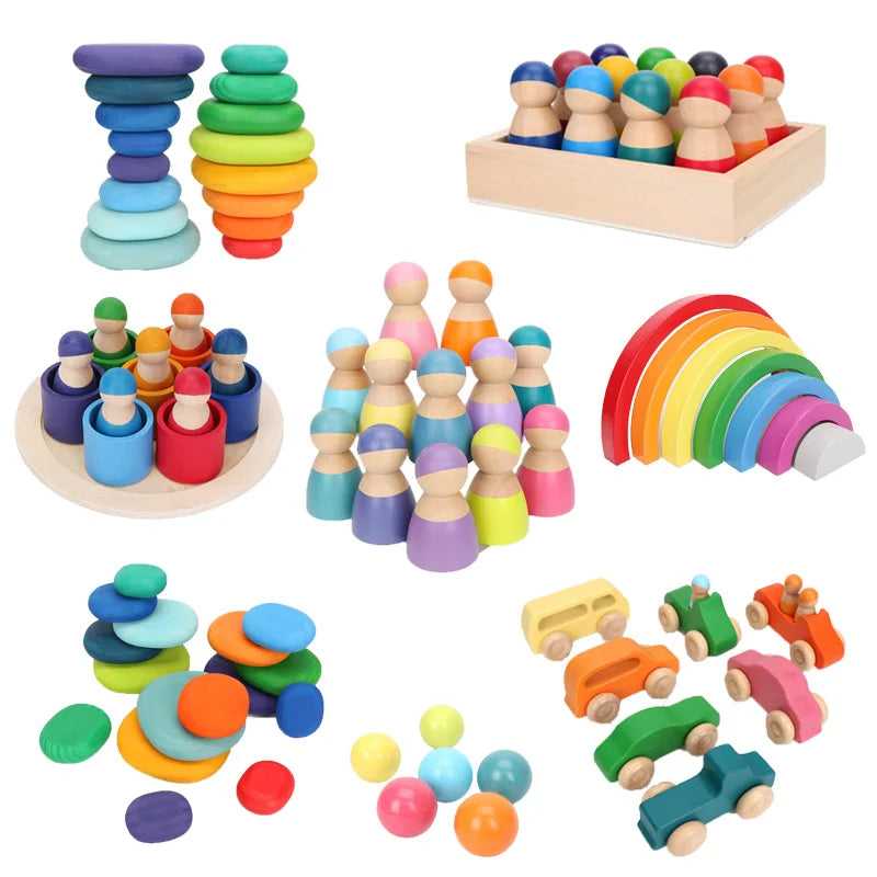 Bloques de arcoíris de madera, juguetes apilables de madera, bloques de construcción de arcoíris de los hermanos Grimm, bolas, juguete educativo Montessori, apilador de arcoíris para niños
