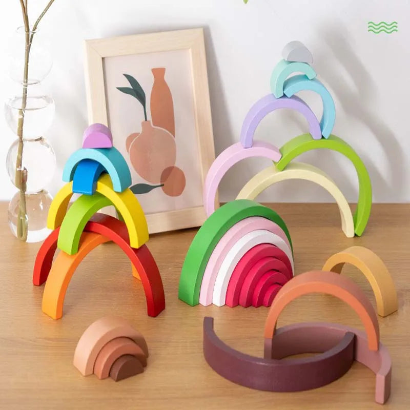 Nuevos bloques de construcción Montessori con arcoíris y puente de arcoíris para niños, juguetes de madera para educación temprana, bloques cognitivos de colores, juguetes